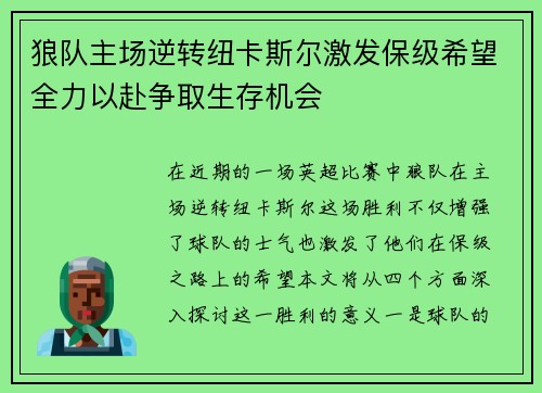 狼队主场逆转纽卡斯尔激发保级希望全力以赴争取生存机会