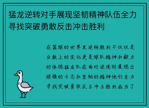 猛龙逆转对手展现坚韧精神队伍全力寻找突破勇敢反击冲击胜利