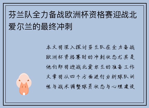 芬兰队全力备战欧洲杯资格赛迎战北爱尔兰的最终冲刺