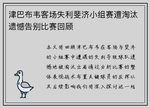 津巴布韦客场失利斐济小组赛遭淘汰遗憾告别比赛回顾