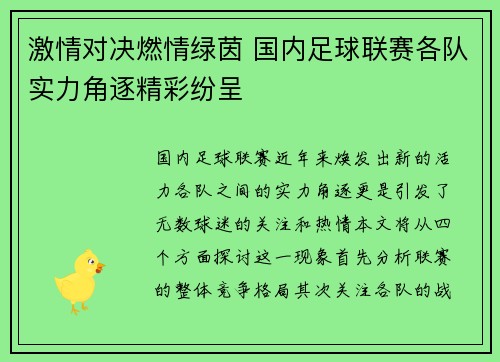 激情对决燃情绿茵 国内足球联赛各队实力角逐精彩纷呈