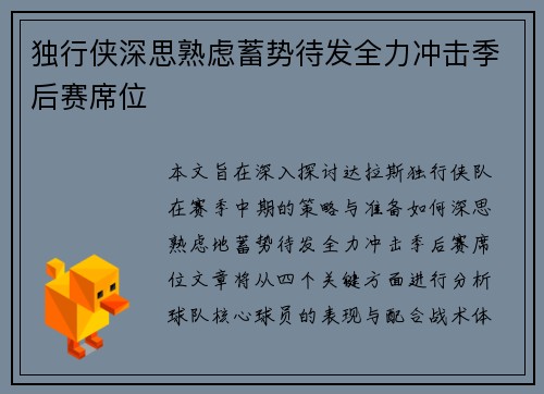 独行侠深思熟虑蓄势待发全力冲击季后赛席位