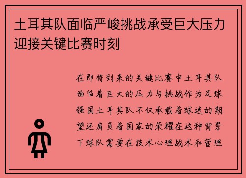 土耳其队面临严峻挑战承受巨大压力迎接关键比赛时刻