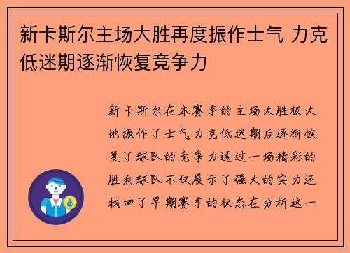 新卡斯尔主场大胜再度振作士气 力克低迷期逐渐恢复竞争力