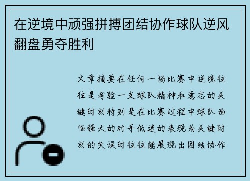 在逆境中顽强拼搏团结协作球队逆风翻盘勇夺胜利