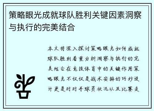 策略眼光成就球队胜利关键因素洞察与执行的完美结合