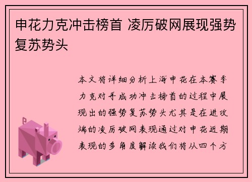 申花力克冲击榜首 凌厉破网展现强势复苏势头