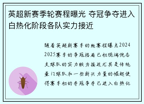英超新赛季轮赛程曝光 夺冠争夺进入白热化阶段各队实力接近