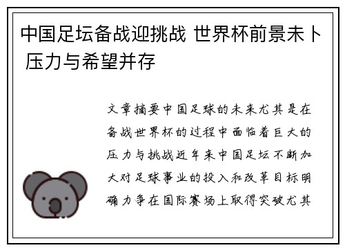 中国足坛备战迎挑战 世界杯前景未卜 压力与希望并存