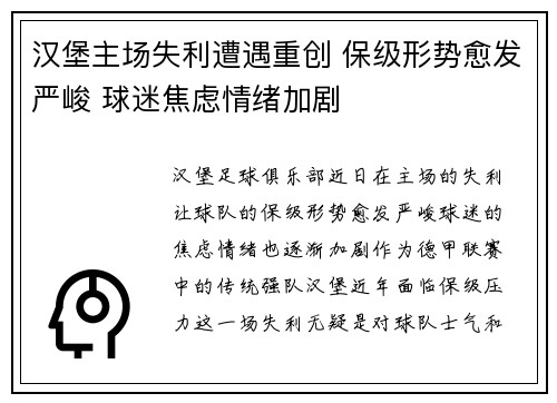 汉堡主场失利遭遇重创 保级形势愈发严峻 球迷焦虑情绪加剧