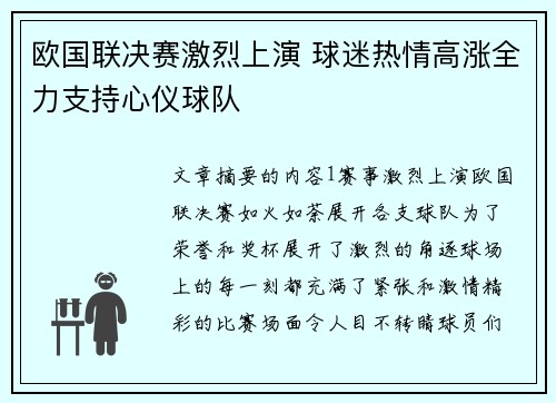 欧国联决赛激烈上演 球迷热情高涨全力支持心仪球队