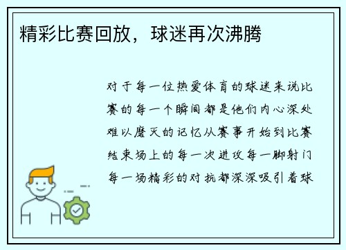 精彩比赛回放，球迷再次沸腾