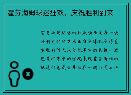 霍芬海姆球迷狂欢，庆祝胜利到来