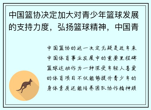 中国篮协决定加大对青少年篮球发展的支持力度，弘扬篮球精神，中国青少年篮球发展现状