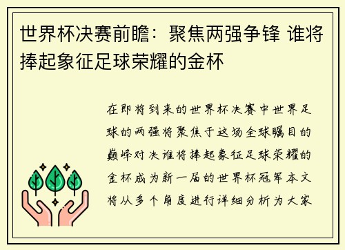 世界杯决赛前瞻：聚焦两强争锋 谁将捧起象征足球荣耀的金杯
