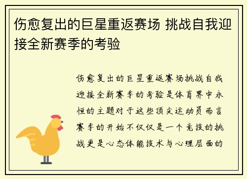 伤愈复出的巨星重返赛场 挑战自我迎接全新赛季的考验