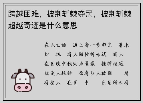 跨越困难，披荆斩棘夺冠，披荆斩棘超越奇迹是什么意思