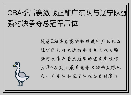 CBA季后赛激战正酣广东队与辽宁队强强对决争夺总冠军席位